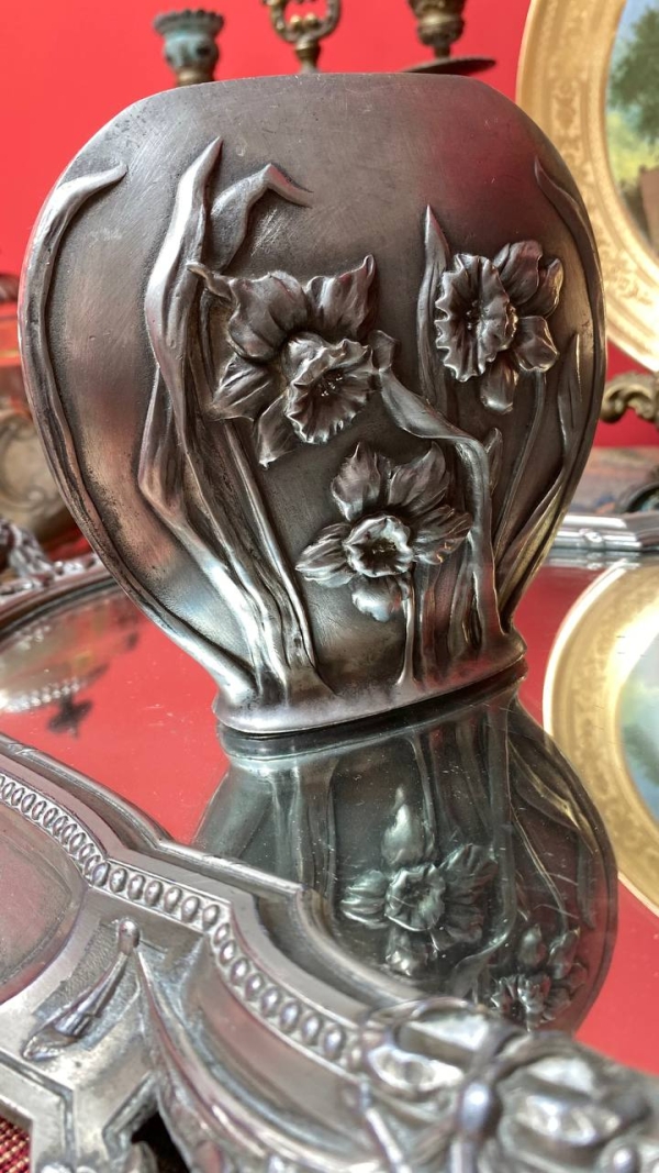 Pair of Pewter Vases with Narcissus Relief