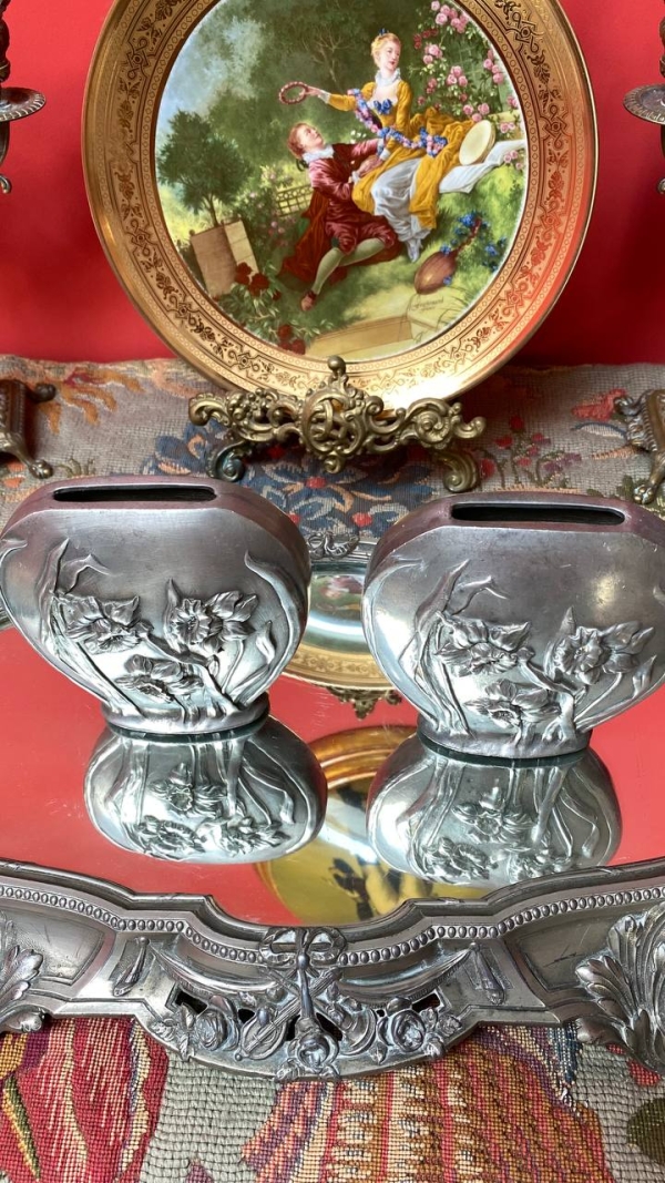 Pair of Pewter Vases with Narcissus Relief