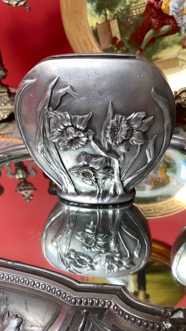 Pair of Pewter Vases with Narcissus Relief