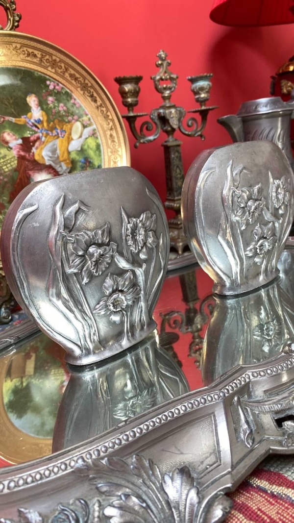 Pair of Pewter Vases with Narcissus Relief
