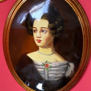 Large Vintage Convex Painting: Portrait of a Young Woman