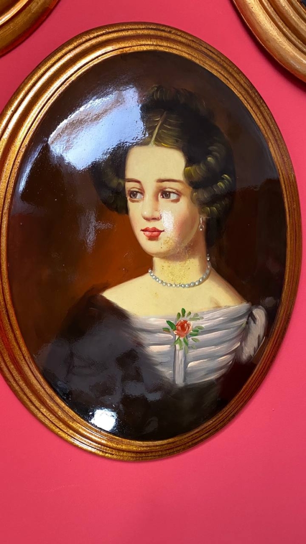 Large Vintage Convex Painting: Portrait of a Young Woman