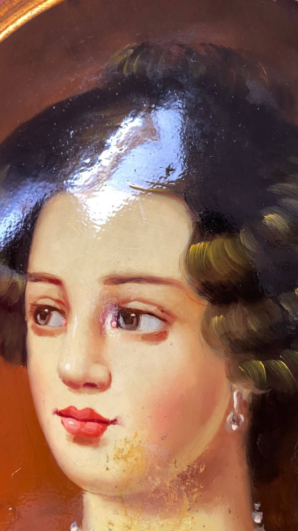 Large Vintage Convex Painting: Portrait of a Young Woman