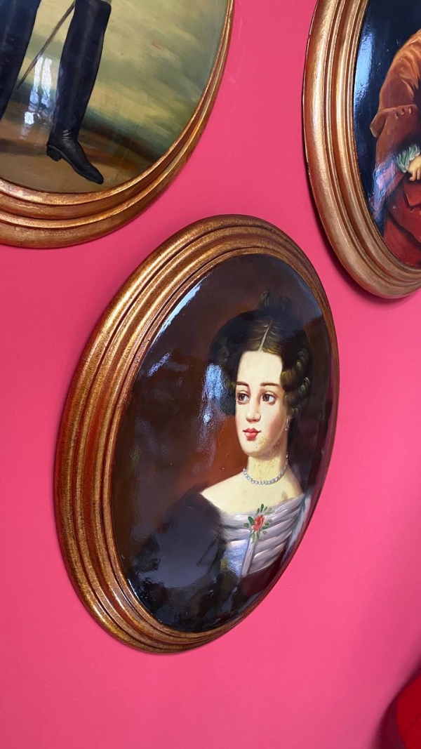 Large Vintage Convex Painting: Portrait of a Young Woman