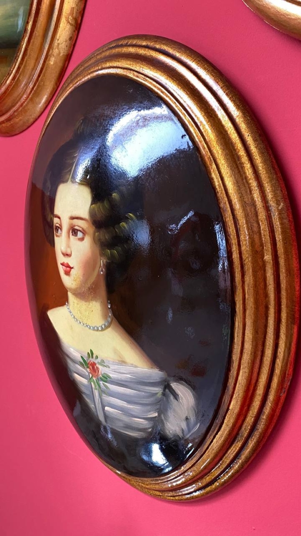 Large Vintage Convex Painting: Portrait of a Young Woman