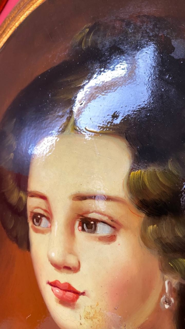Large Vintage Convex Painting: Portrait of a Young Woman