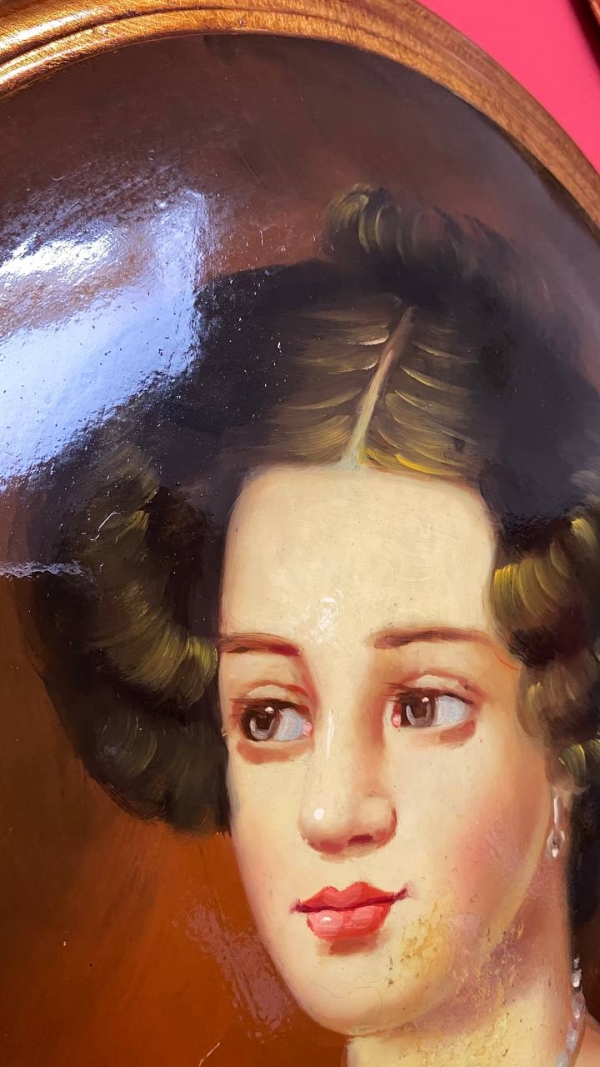 Large Vintage Convex Painting: Portrait of a Young Woman