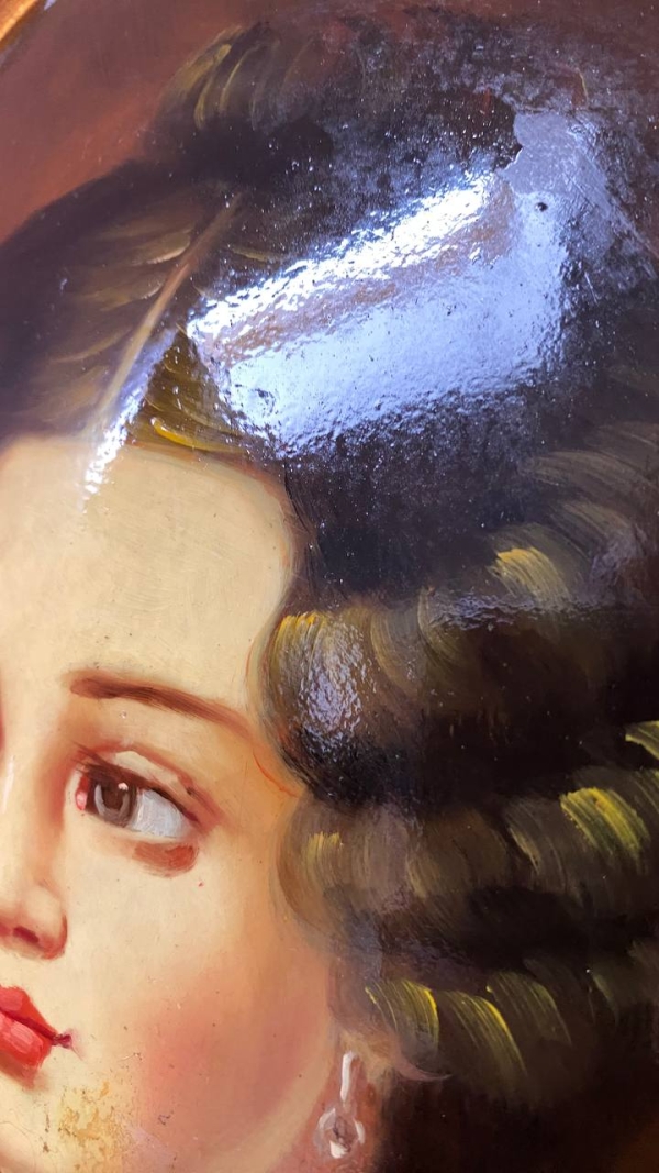 Large Vintage Convex Painting: Portrait of a Young Woman