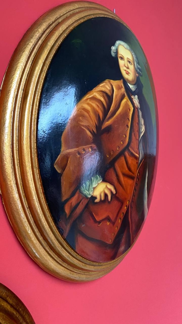 Large Vintage Convex Painting: Portrait of a Nobleman