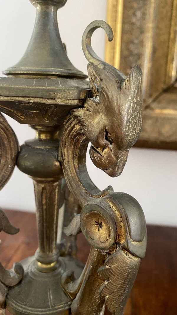 Pair of Antique Bronze Candelabra with Dragons
