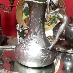 Charles Perron Art Nouveau Tin Pitcher/Vase – Signed French Sculpture with Mythological Motif