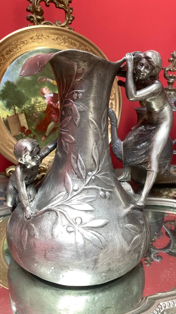 Charles Perron Art Nouveau Tin Pitcher/Vase – Signed French Sculpture with Mythological Motif