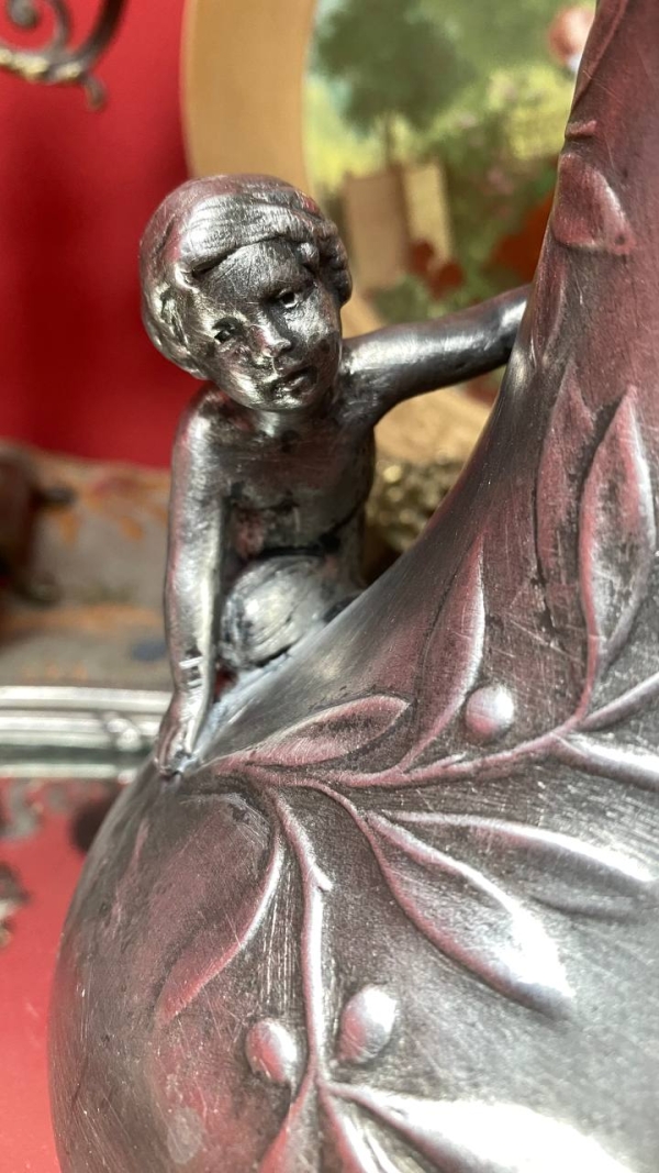 Charles Perron Art Nouveau Tin Pitcher/Vase – Signed French Sculpture with Mythological Motif