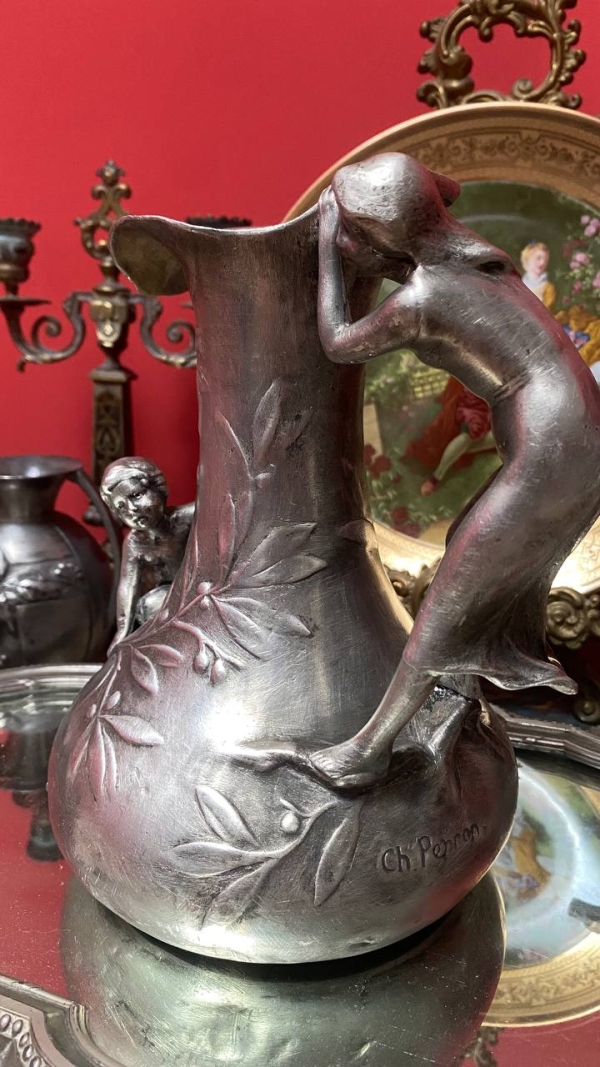 Charles Perron Art Nouveau Tin Pitcher/Vase – Signed French Sculpture with Mythological Motif