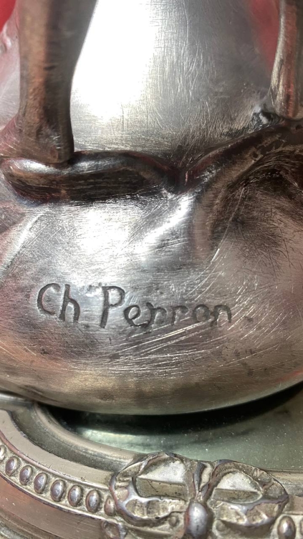 Charles Perron Art Nouveau Tin Pitcher/Vase – Signed French Sculpture with Mythological Motif