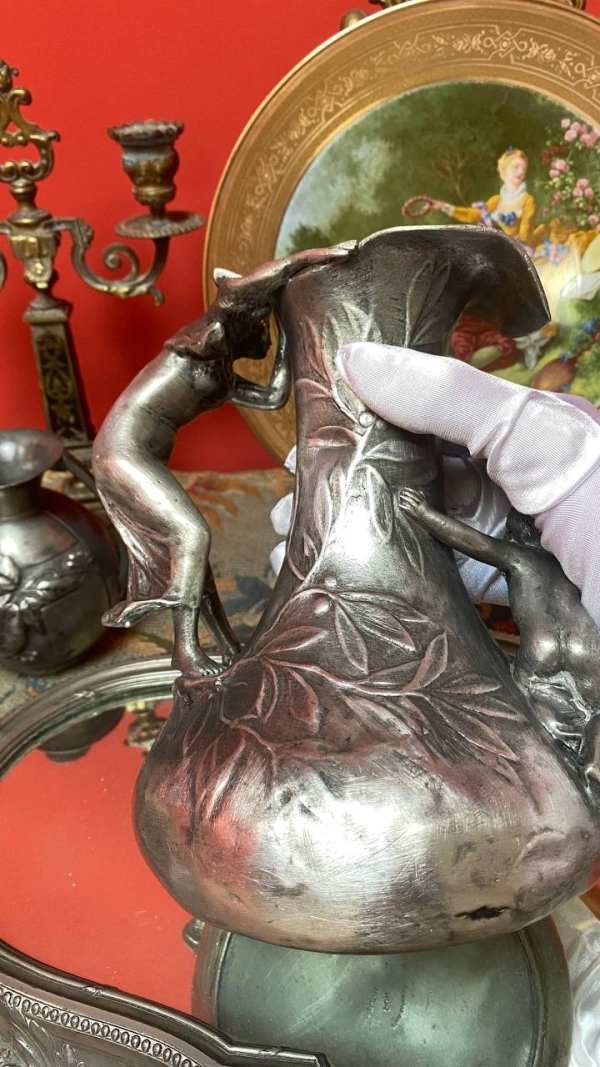 Charles Perron Art Nouveau Tin Pitcher/Vase – Signed French Sculpture with Mythological Motif