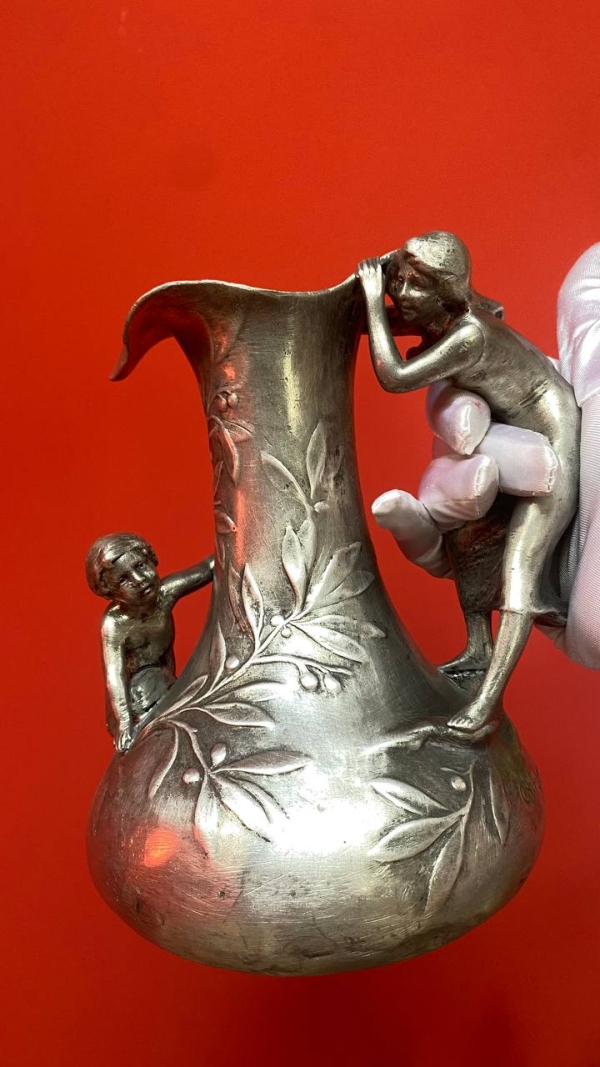 Charles Perron Art Nouveau Tin Pitcher/Vase – Signed French Sculpture with Mythological Motif