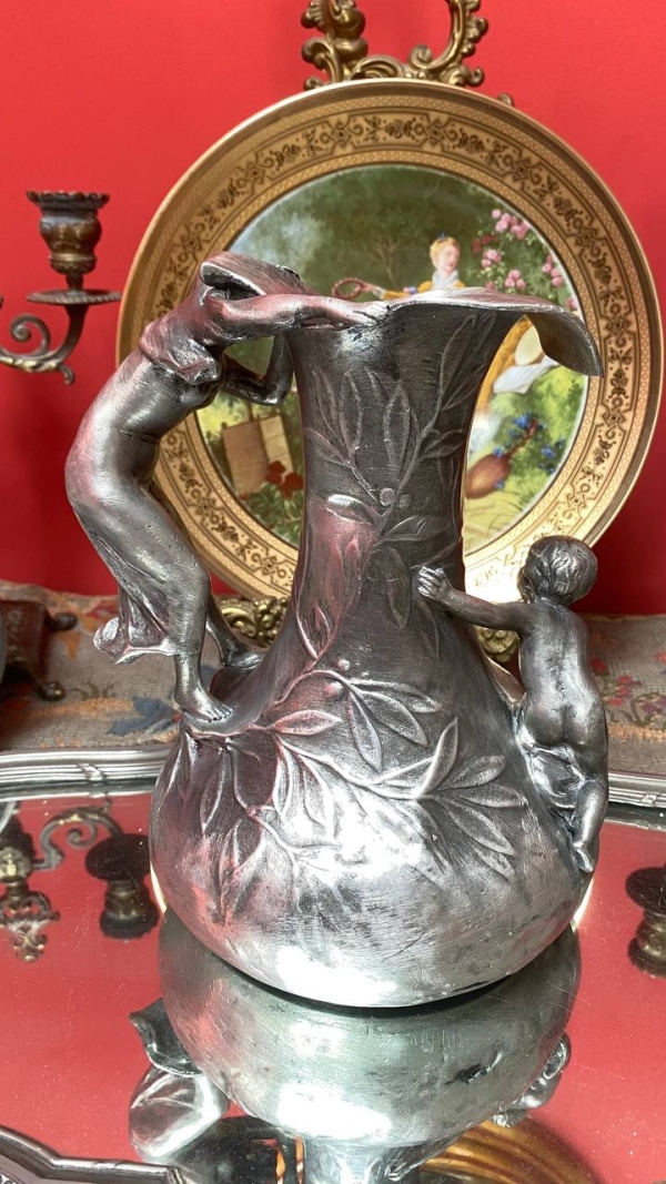 Charles Perron Art Nouveau Tin Pitcher/Vase – Signed French Sculpture with Mythological Motif