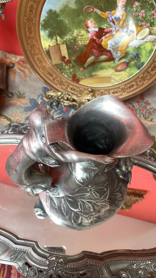 Charles Perron Art Nouveau Tin Pitcher/Vase – Signed French Sculpture with Mythological Motif