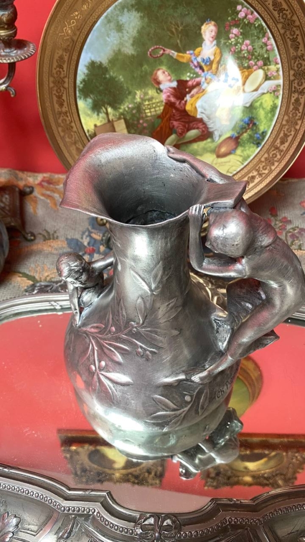 Charles Perron Art Nouveau Tin Pitcher/Vase – Signed French Sculpture with Mythological Motif
