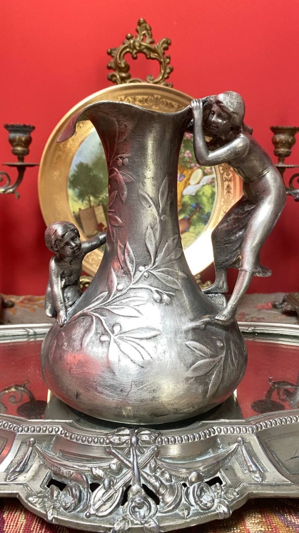 Charles Perron Art Nouveau Tin Pitcher/Vase – Signed French Sculpture with Mythological Motif