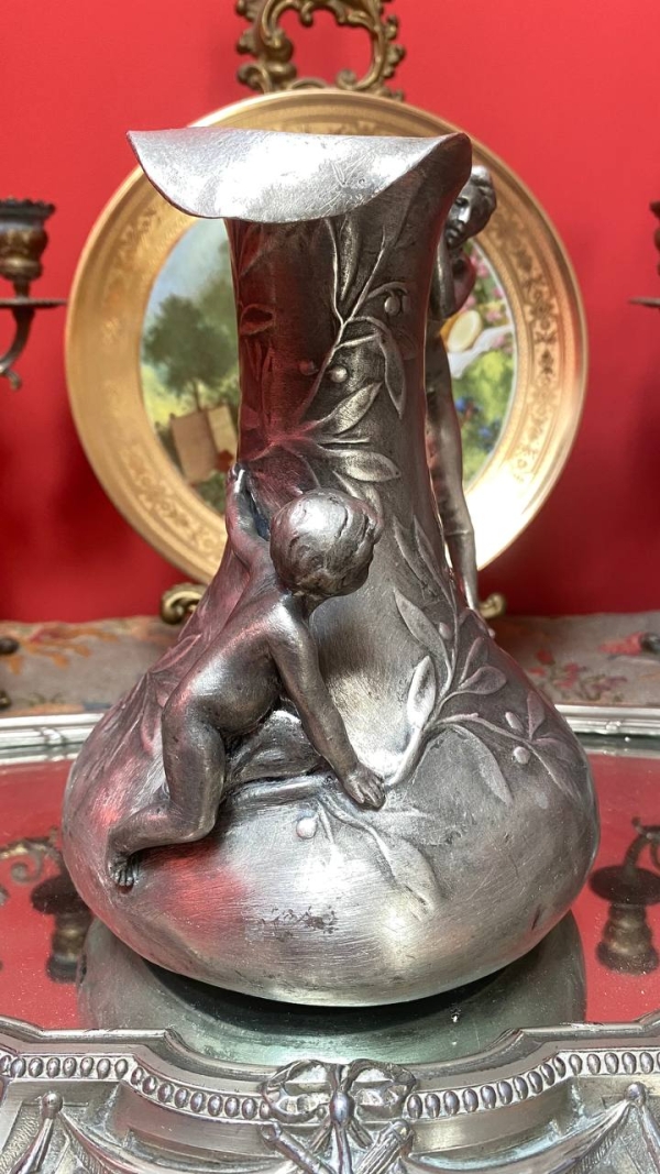 Charles Perron Art Nouveau Tin Pitcher/Vase – Signed French Sculpture with Mythological Motif