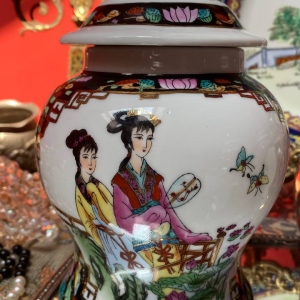 Vintage Lidded Chinese Vase with Figures and Birds