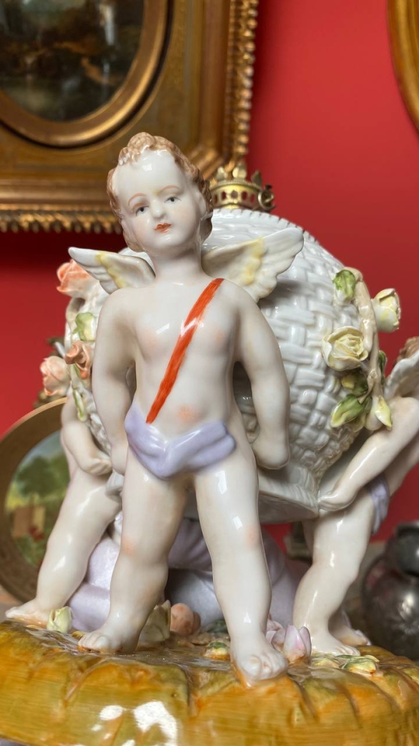Antique Porcelain Lamp with Cherubs and Rose Basket