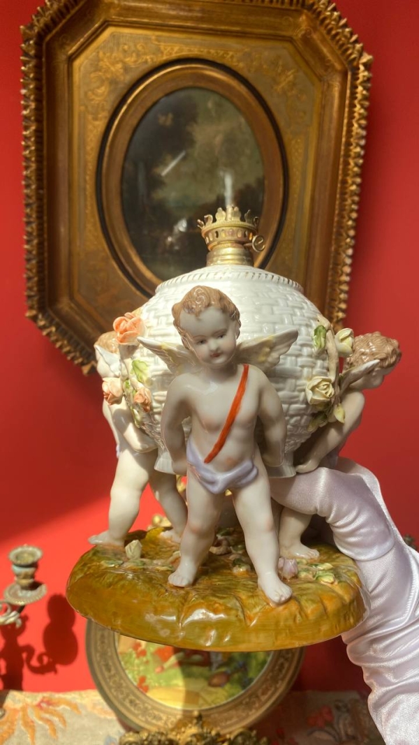 Antique Porcelain Lamp with Cherubs and Rose Basket