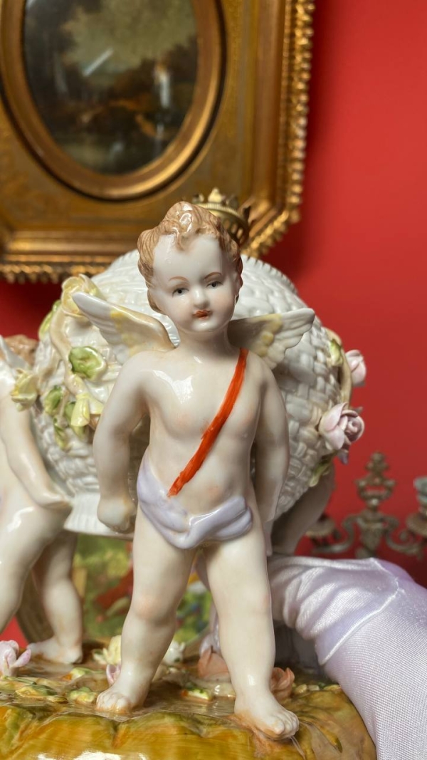 Antique Porcelain Lamp with Cherubs and Rose Basket