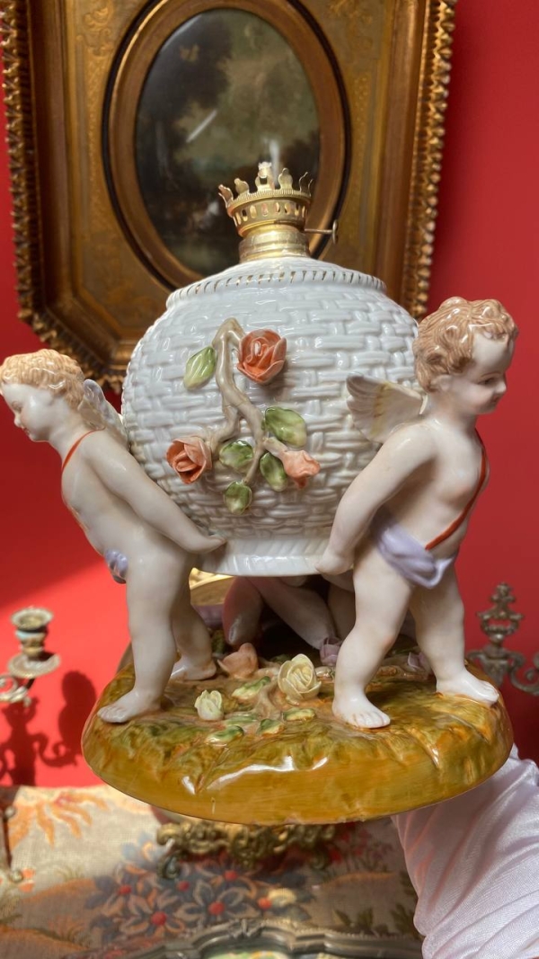 Antique Porcelain Lamp with Cherubs and Rose Basket
