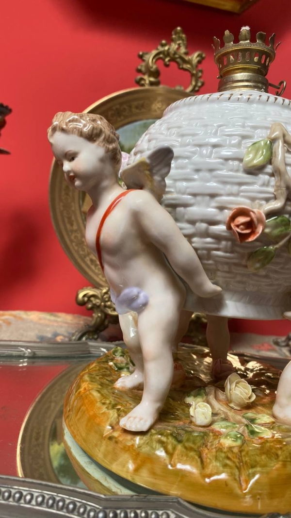 Antique Porcelain Lamp with Cherubs and Rose Basket