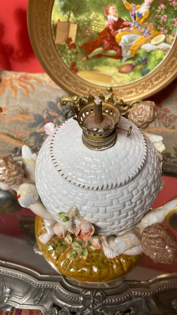Antique Porcelain Lamp with Cherubs and Rose Basket