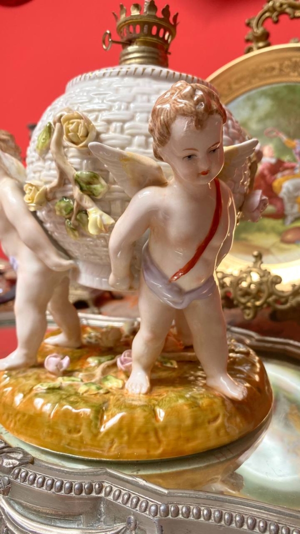 Antique Porcelain Lamp with Cherubs and Rose Basket
