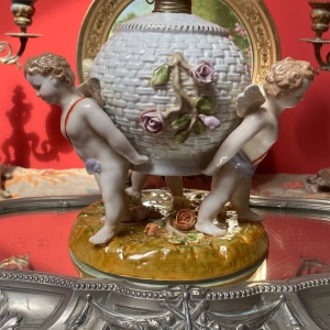 Antique Porcelain Lamp with Cherubs and Rose Basket