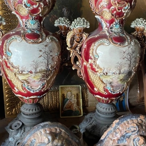 Pair of Italian Majolica Vases with Pastoral Miniatures