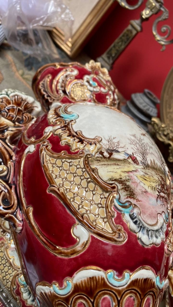 Pair of Italian Majolica Vases with Pastoral Miniatures