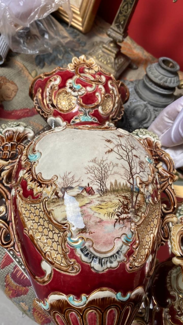 Pair of Italian Majolica Vases with Pastoral Miniatures