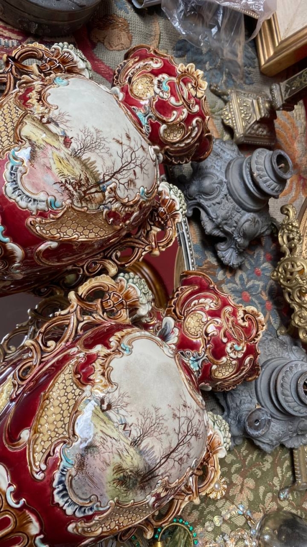 Pair of Italian Majolica Vases with Pastoral Miniatures