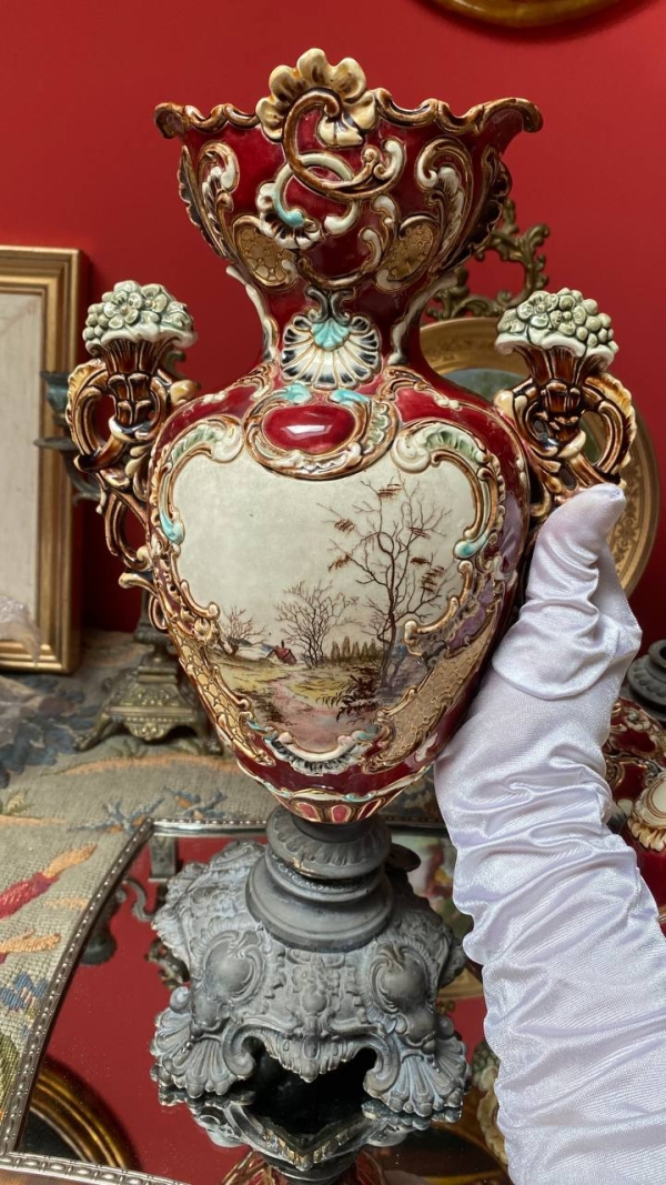 Pair of Italian Majolica Vases with Pastoral Miniatures