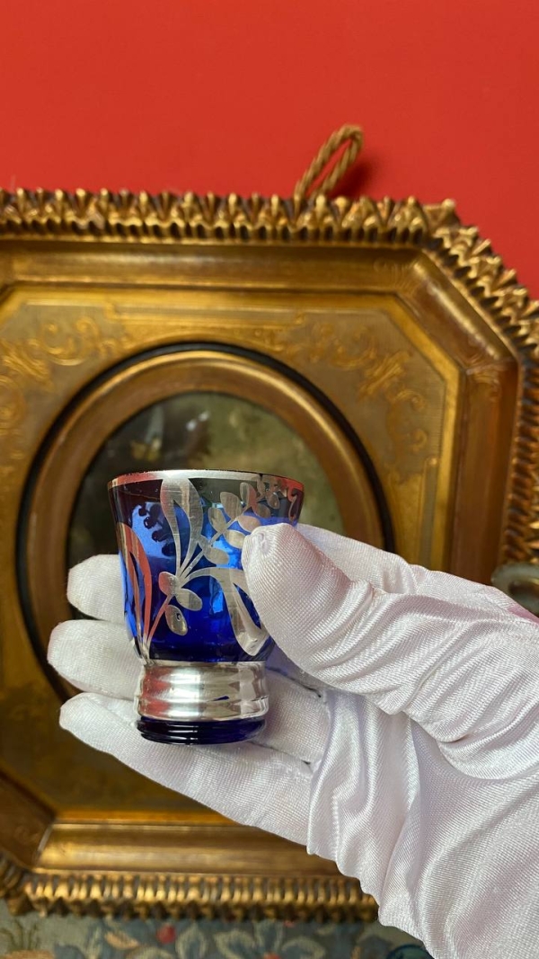 Vintage Cobalt Decanter Set with Silver Overlay