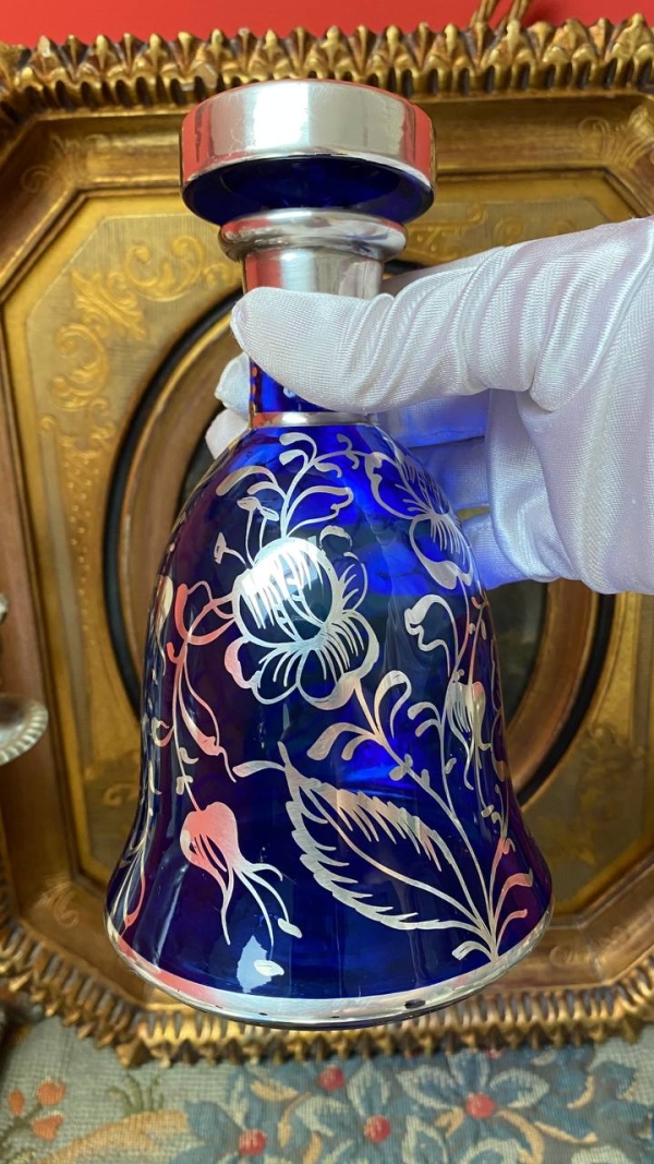 Vintage Cobalt Decanter Set with Silver Overlay