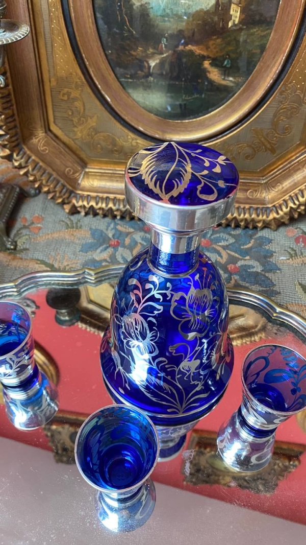 Vintage Cobalt Decanter Set with Silver Overlay