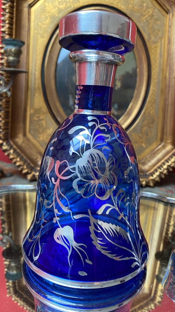 Vintage Cobalt Decanter Set with Silver Overlay