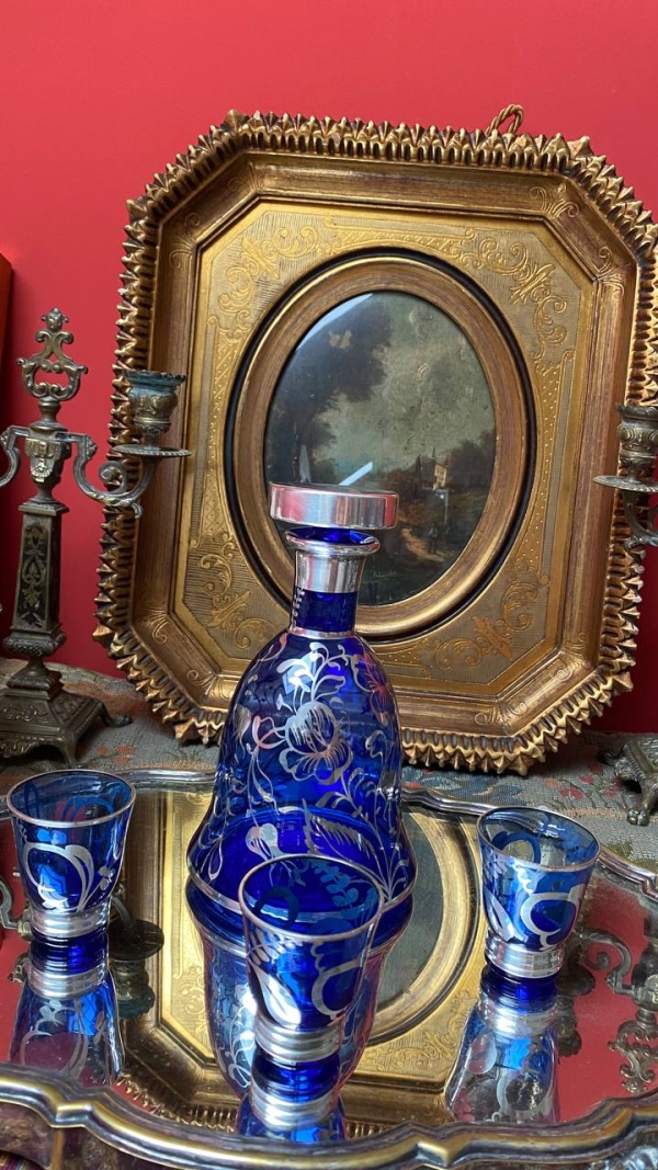 Vintage Cobalt Decanter Set with Silver Overlay