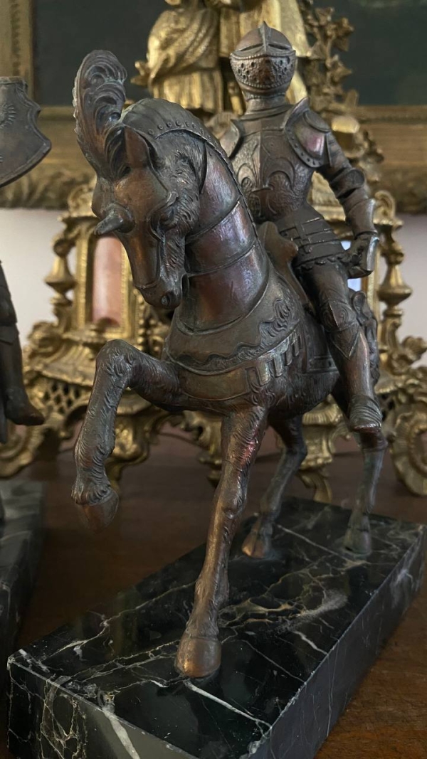 Pair of 19th-Century Bronze Cavaliers on Nero Portoro Marble