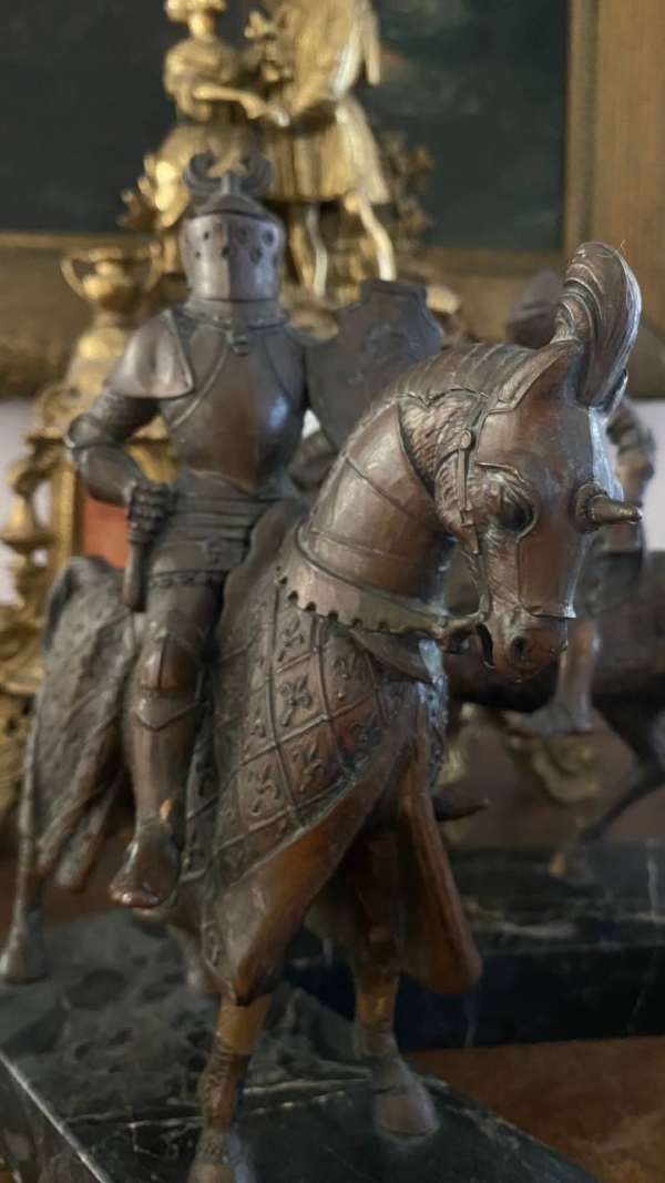 Pair of 19th-Century Bronze Cavaliers on Nero Portoro Marble