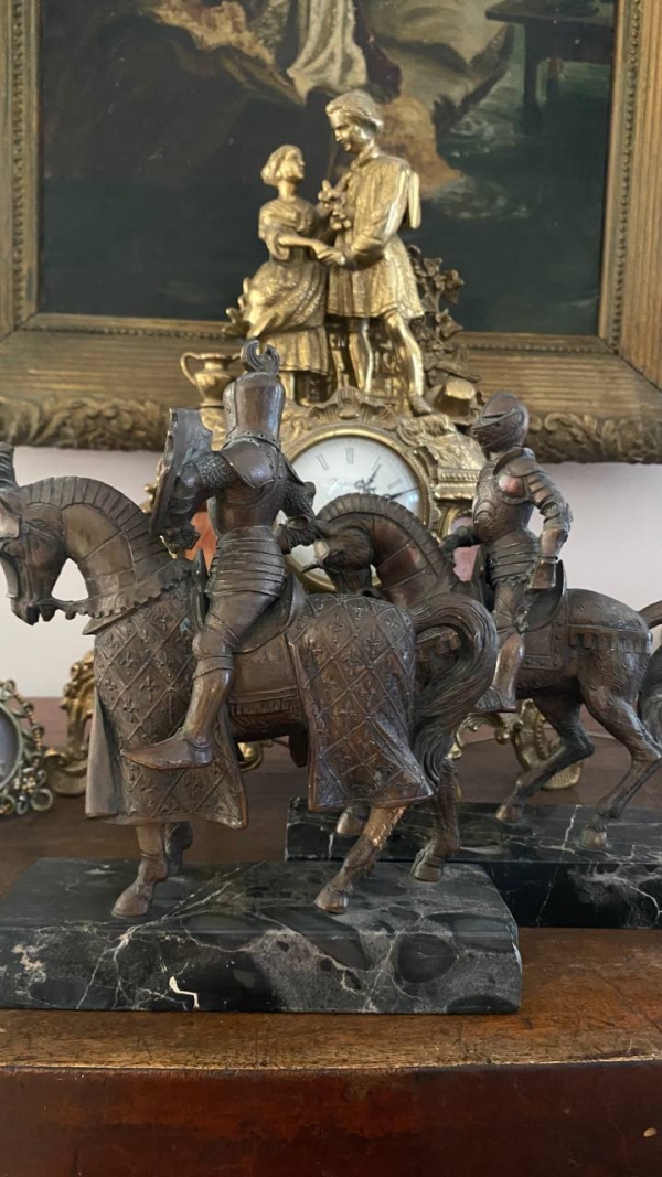 Pair of 19th-Century Bronze Cavaliers on Nero Portoro Marble