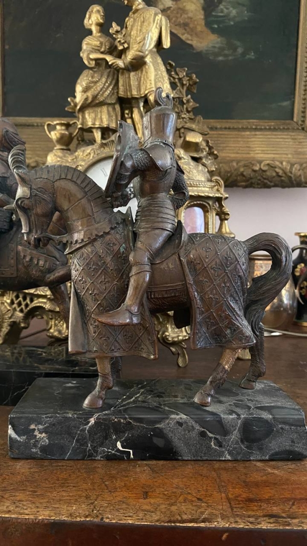 Pair of 19th-Century Bronze Cavaliers on Nero Portoro Marble