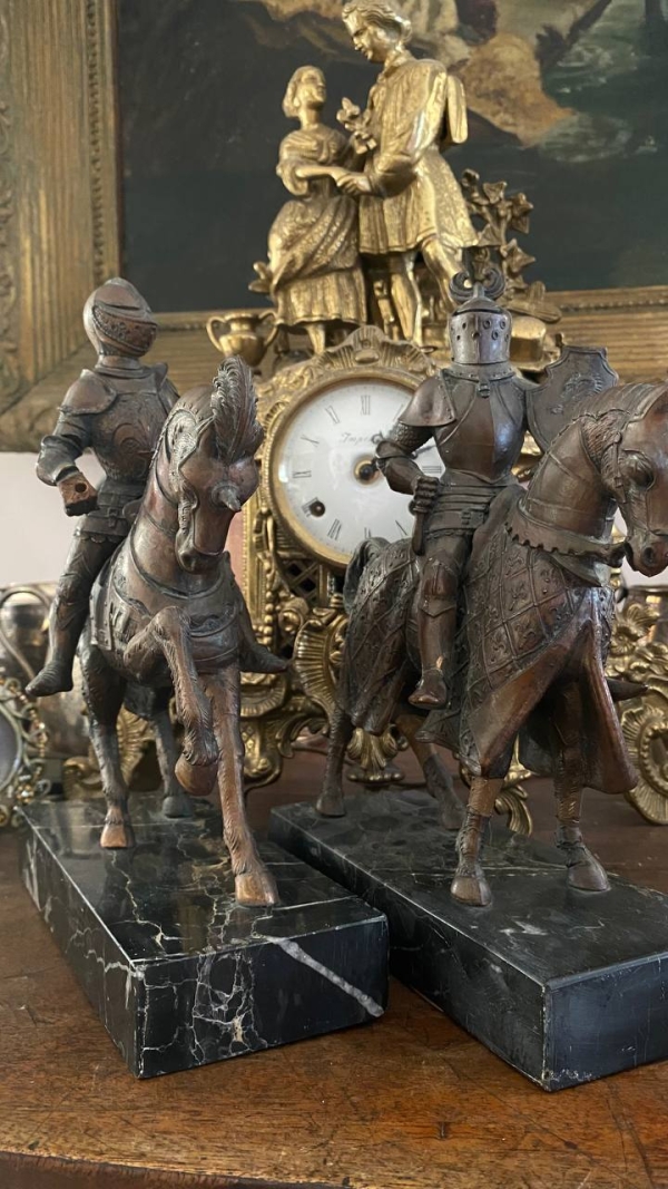 Pair of 19th-Century Bronze Cavaliers on Nero Portoro Marble